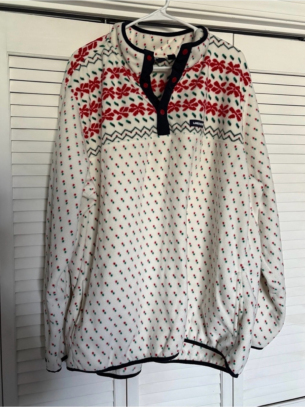Lands' End White Fleece Pullover with Red and Green Fair Isle